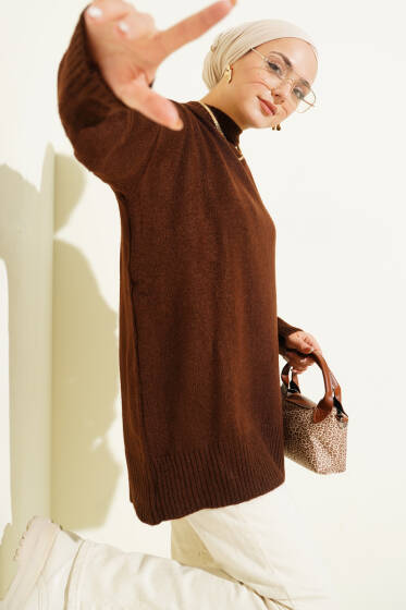 Basic Düşük Omuz Salaş Triko Tunik Kahve - Tunik