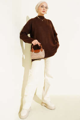 Basic Düşük Omuz Salaş Triko Tunik Kahve - Tunik