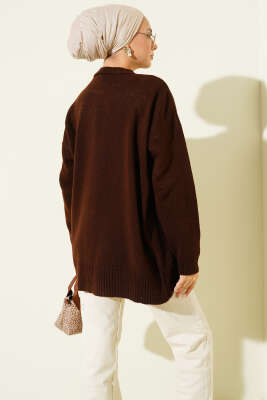 Basic Düşük Omuz Salaş Triko Tunik Kahve - Tunik