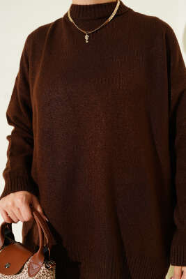 Basic Düşük Omuz Salaş Triko Tunik Kahve - Tunik