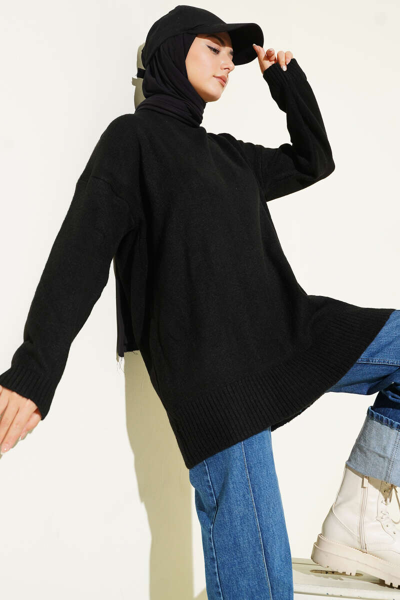 Basic Düşük Omuz Salaş Triko Tunik Siyah