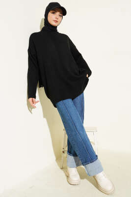 Basic Düşük Omuz Salaş Triko Tunik Siyah - Tunik