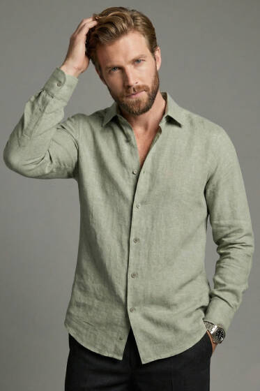 Basic Erkek Keten Gömlek Çağla Yeşili - Erkek Gömlek