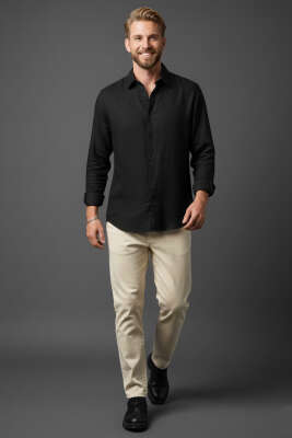 Basic Erkek Keten Gömlek Siyah - Erkek Gömlek