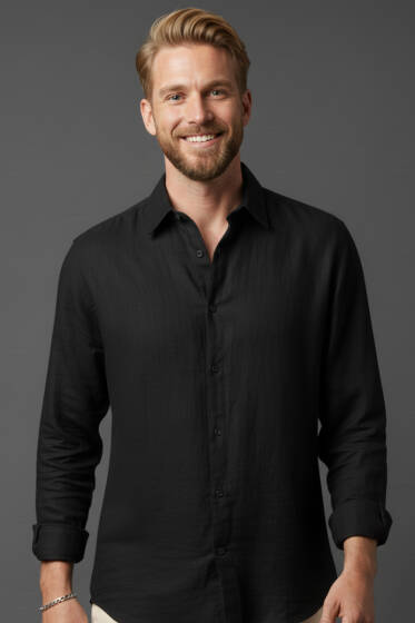 Basic Erkek Keten Gömlek Siyah - Erkek Gömlek