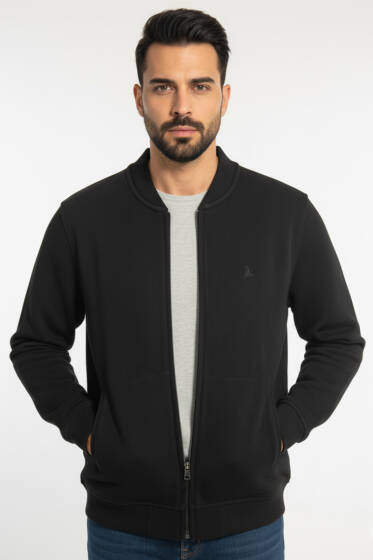 Basic Fermuar Detaylı Erkek Hırka Siyah - Erkek Hırka