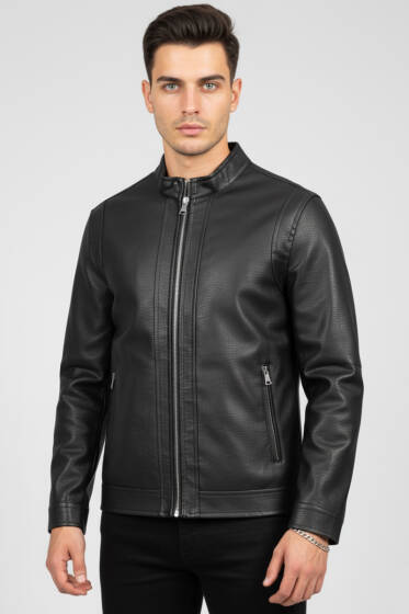 Basic Fermuarlı Deri Ceket Siyah - Erkek Ceket