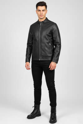 Basic Fermuarlı Deri Ceket Siyah - Erkek Ceket