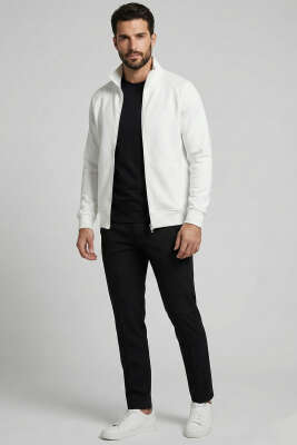 Basic Fermuarlı Erkek Hırka Ekru - Erkek Hırka