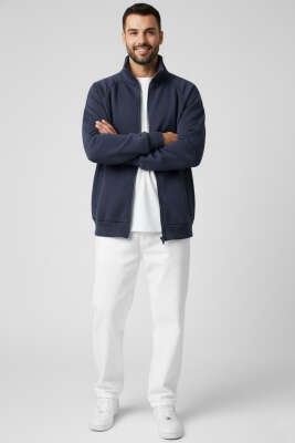 Basic Fermuarlı Erkek Hırka Füme - Yeni Erkek Giyim