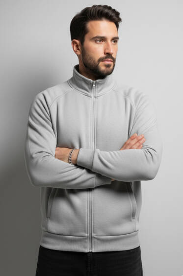Basic Fermuarlı Erkek Hırka Gri - Erkek Hırka