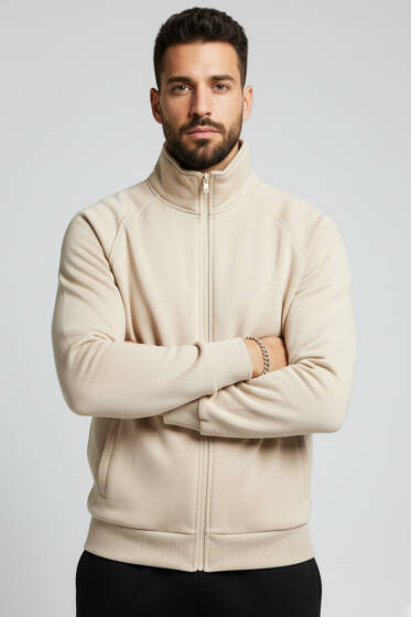 Basic Fermuarlı Erkek Hırka Taş - Yeni Erkek Giyim