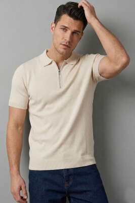 Basic Fermuarlı Merserize Erkek T-shirt Bej 