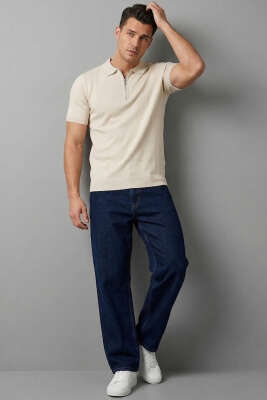 Basic Fermuarlı Merserize Erkek T-shirt Bej - Erkek T-shirt