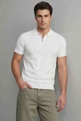 Basic Fermuarlı Merserize Erkek T-shirt Beyaz - Erkek T-shirt