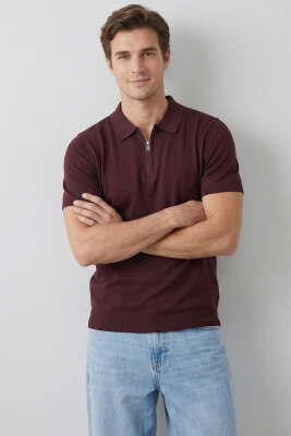Basic Fermuarlı Merserize Erkek T-shirt Bordo 