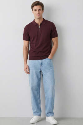Basic Fermuarlı Merserize Erkek T-shirt Bordo - Yılın Fırsatı