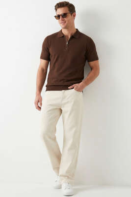 Basic Fermuarlı Merserize Erkek T-shirt Kahve - Erkek T-shirt