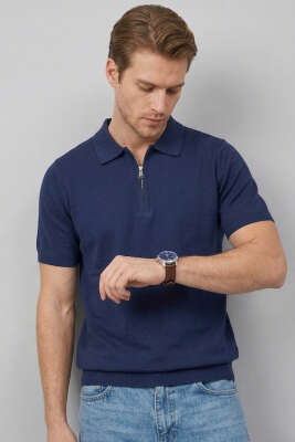 Basic Fermuarlı Merserize Erkek T-shirt Lacivert 