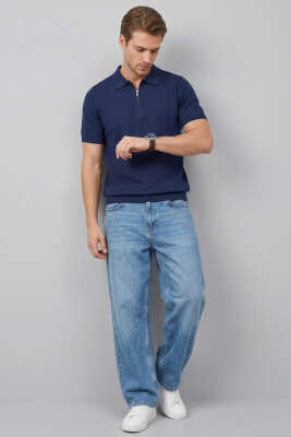 Basic Fermuarlı Merserize Erkek T-shirt Lacivert - Erkek T-shirt