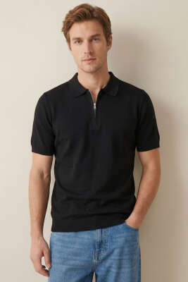 Basic Fermuarlı Merserize Erkek T-shirt Siyah 