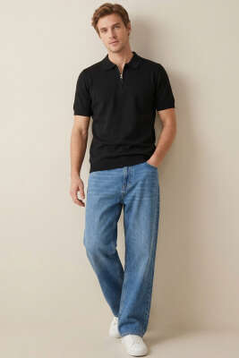 Basic Fermuarlı Merserize Erkek T-shirt Siyah - Erkek T-shirt