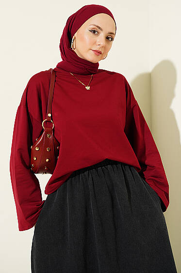 Basic Geniş Kollu Bluz Bordo - Bluz