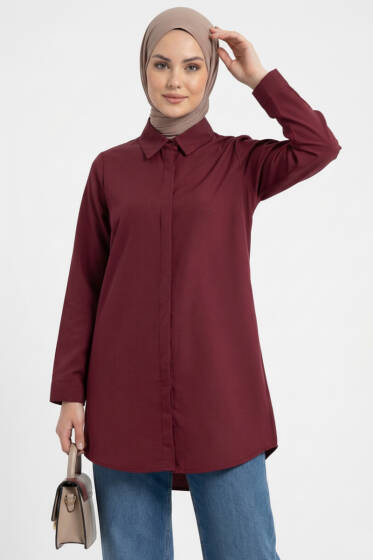 Basic Gizli Düğmeli Gömlek Bordo - Gömlek