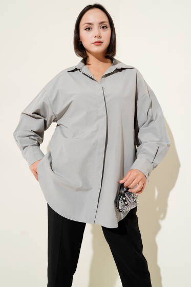 Basic Gizli Düğmeli Gömlek Gri - Gömlek