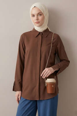 Basic Gizli Düğmeli Gömlek Kahve - HATUN