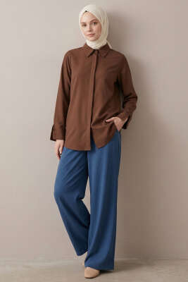 Basic Gizli Düğmeli Gömlek Kahve - Gömlek