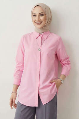 Basic Gizli Düğmeli Gömlek Pembe - HATUN