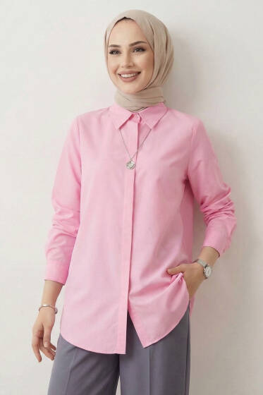 Basic Gizli Düğmeli Gömlek Pembe - Gömlek