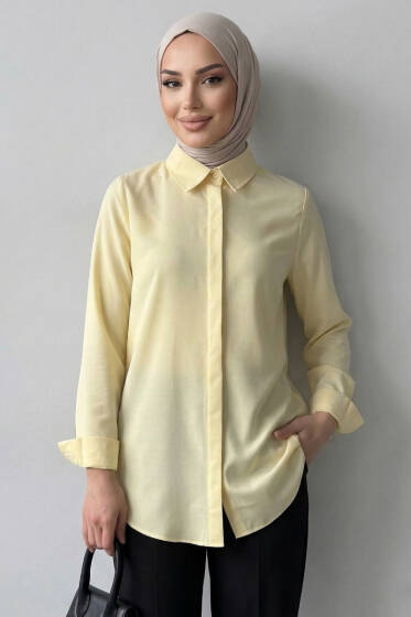Basic Gizli Düğmeli Gömlek Sarı - Gömlek