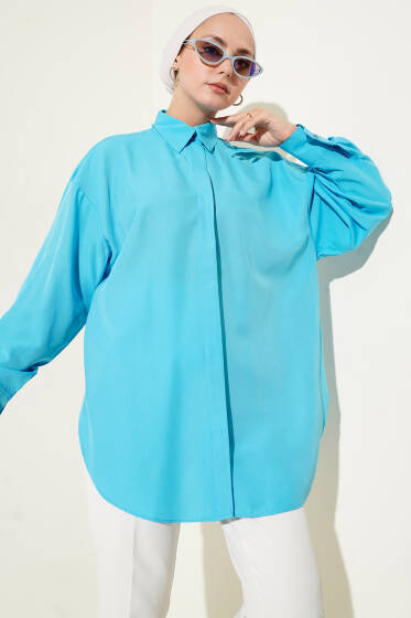 Basic Gizli Düğmeli Gömlek Turkuaz - Gömlek