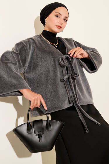 Basic İp Detaylı Sakallı Ceket Gri - Ceket