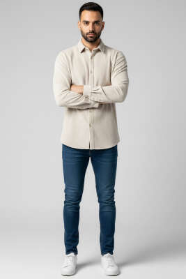 Basic Kadife Erkek Gömlek Bej - Erkek Gömlek