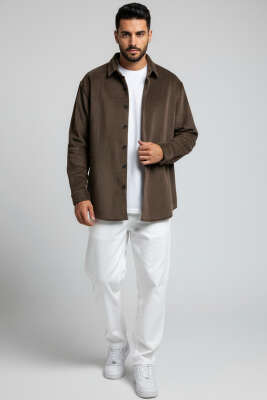 Basic Kadife Erkek Gömlek Kahve - Erkek Gömlek