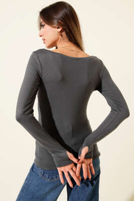 Basic Kayık Yaka Bluz Füme - Kadın Giyim Modelleri