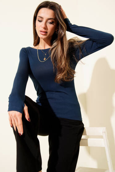 Basic Kayık Yaka Bluz İndigo - Kadın Giyim Modelleri