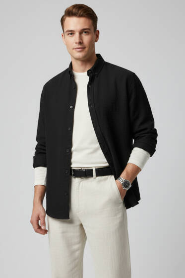Basic Keten Erkek Gömlek Siyah - Yeni Erkek Giyim