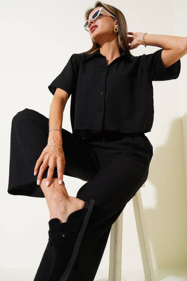 Basic Kısa Kol Gömlek İkili Takım Siyah - Kadın Giyim Modelleri
