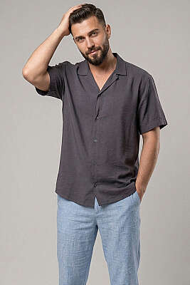 Basic Kısa Kol Tensel Erkek Gömlek Antrasit 