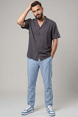 Basic Kısa Kol Tensel Erkek Gömlek Antrasit - Yılın Fırsatı