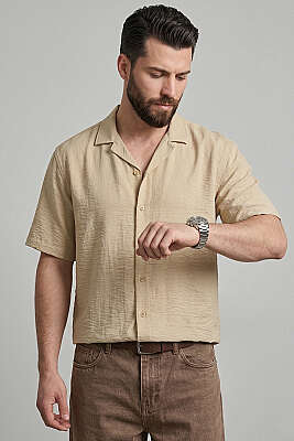 Basic Kısa Kol Tensel Erkek Gömlek Bej 