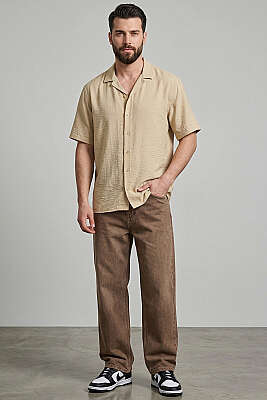Basic Kısa Kol Tensel Erkek Gömlek Bej - Yılın Fırsatı