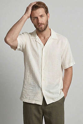 Basic Kısa Kol Tensel Erkek Gömlek Ekru - Yılın Fırsatı