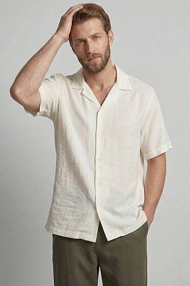 Basic Kısa Kol Tensel Erkek Gömlek Ekru - Yılın Fırsatı