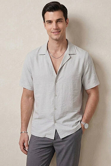 Basic Kısa Kol Tensel Erkek Gömlek Gri - Yılın Fırsatı