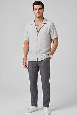 Basic Kısa Kol Tensel Erkek Gömlek Gri - Yılın Fırsatı